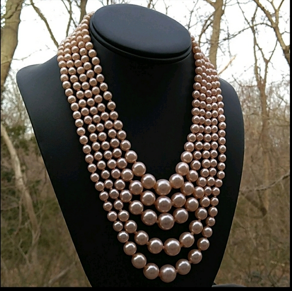 VINTAGE KJL 5-Strand Soft Pink Glass Pearl Necklace - Picture 9 of 16